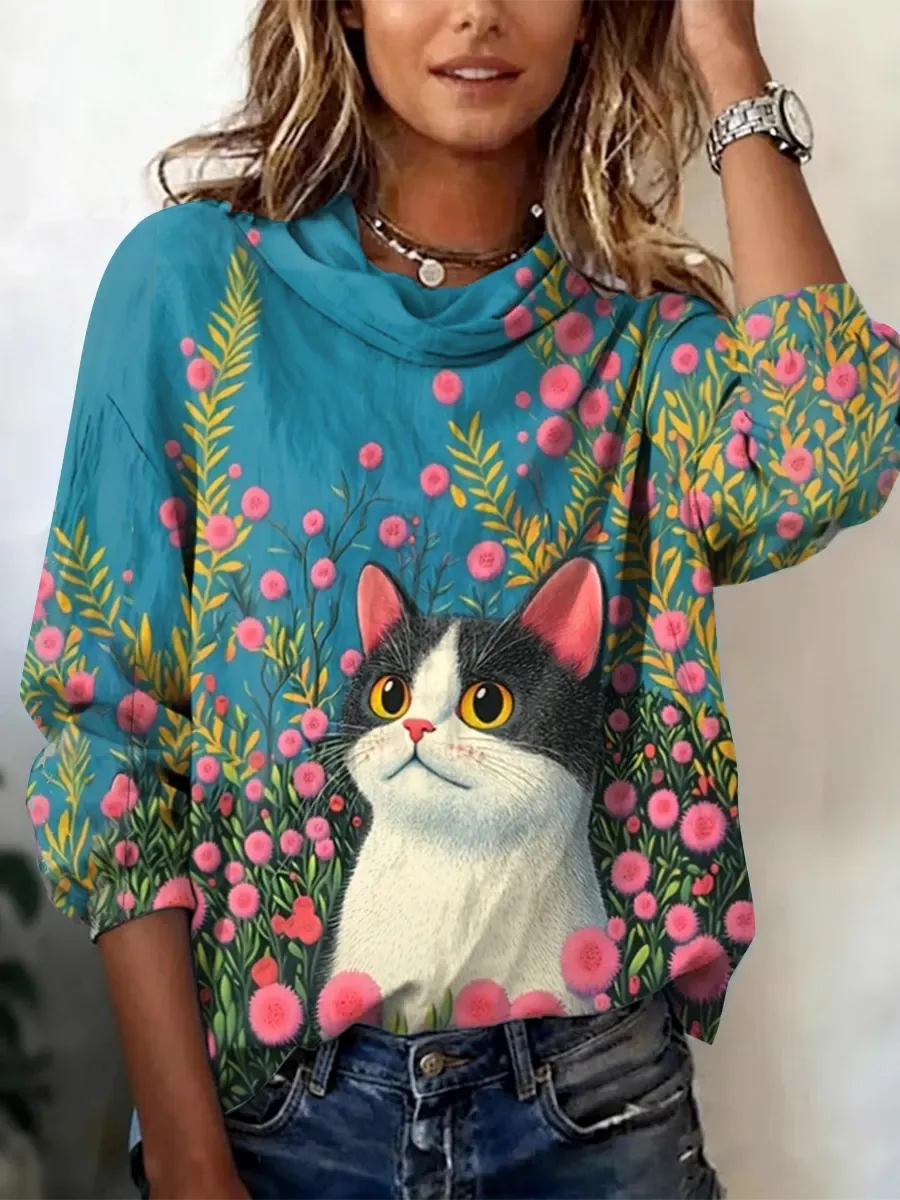 Women's Casual Cute Cat Flowers Print Turtleneck Cotton Long Sleeved S