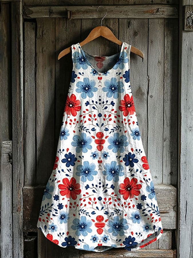 Women's Vintage Independence Day Floral Print Linen Blend Tank Dress
