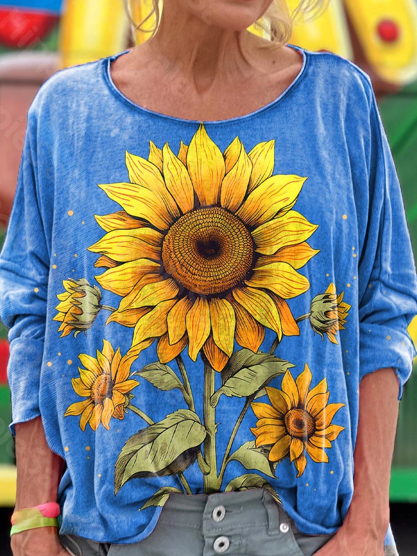 Women's Sunflower Art Print Crew Neck Long Sleeve T-shirt