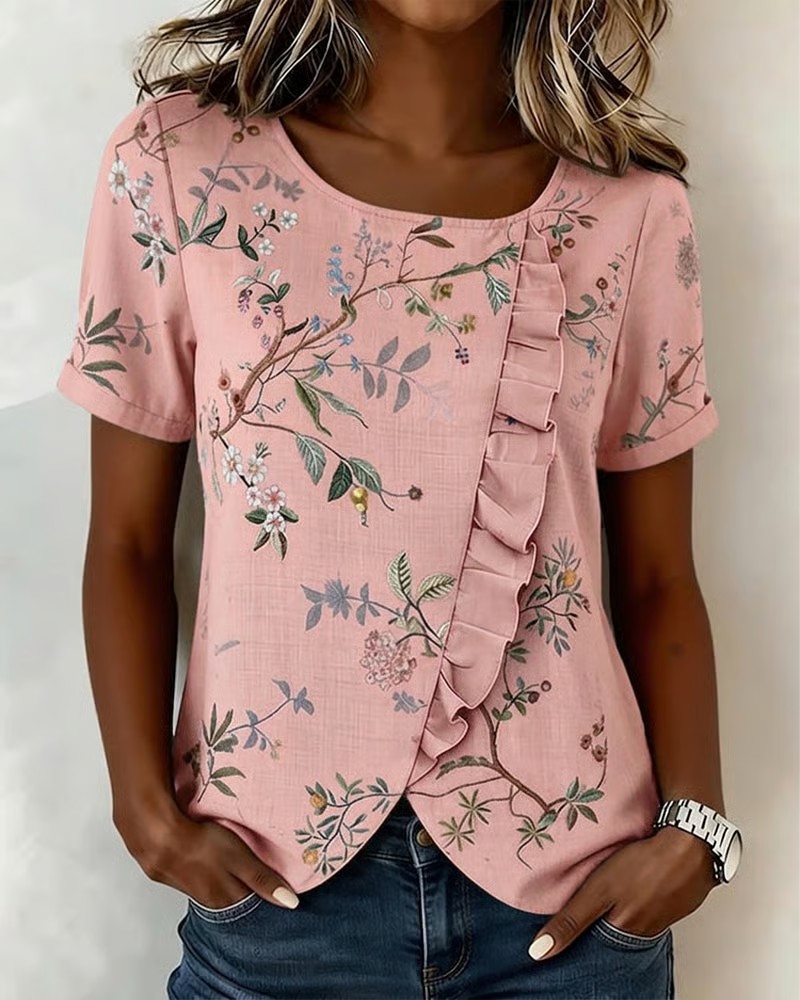 Crewneck Short Sleeve Ruffle Floral Blouse