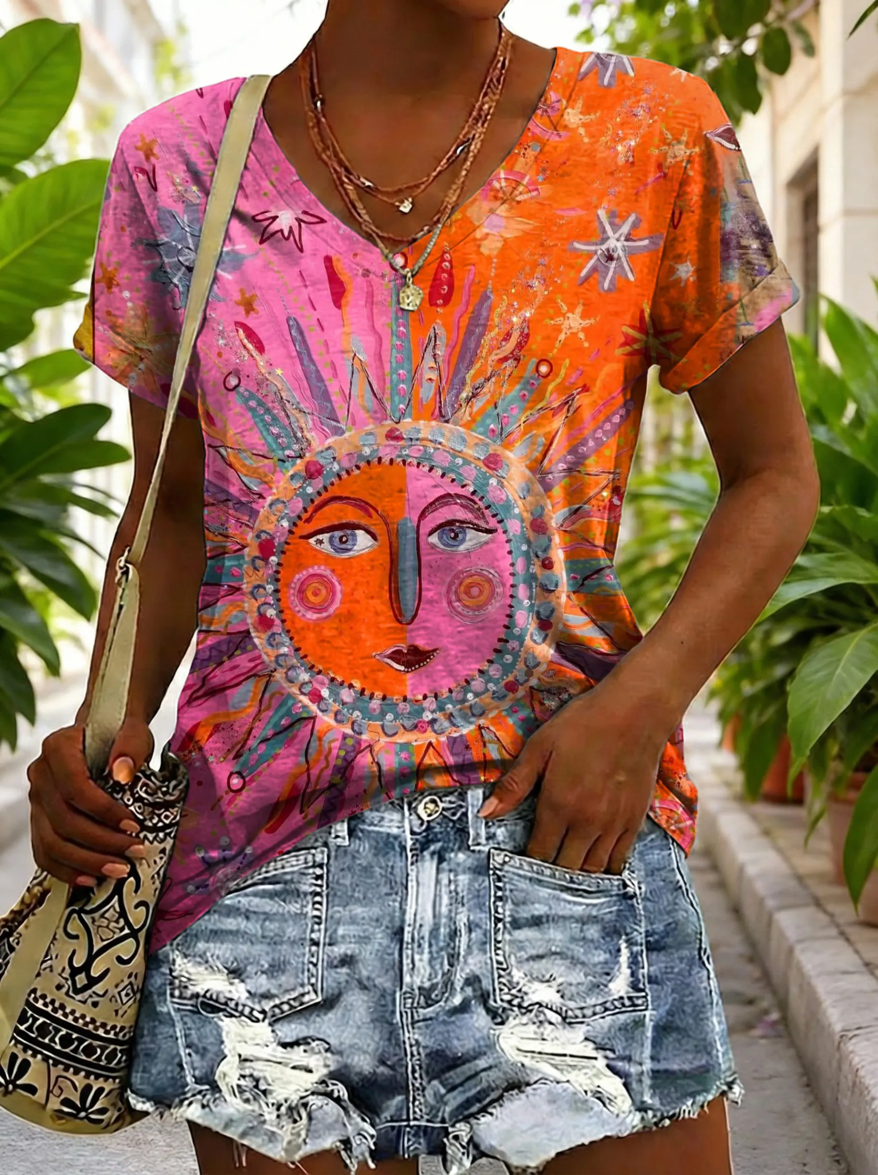 Women's Hippie Style Colorful Sun Face Art Print V-neck Casual T-shirt