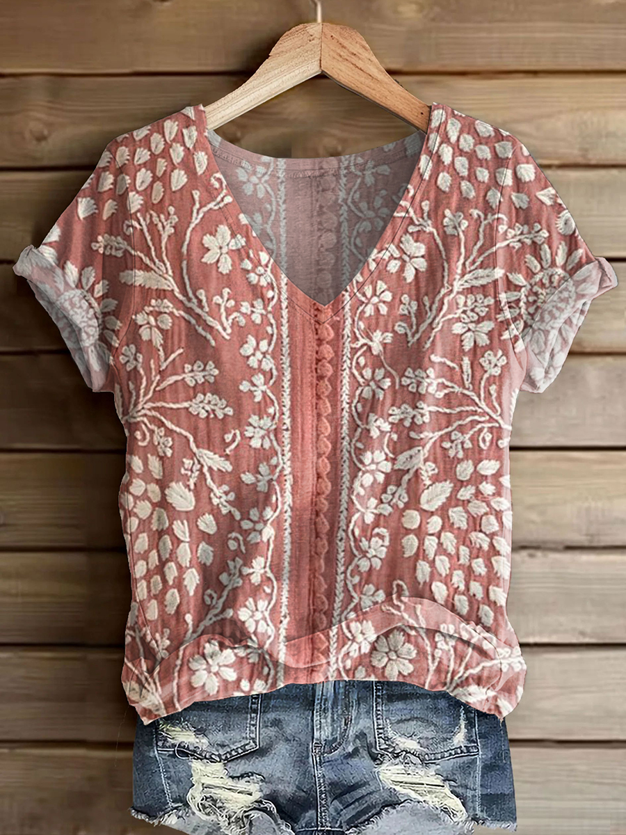 Women's Vintage Ethnic Floral Art Print V-neck Casual T-Shirt