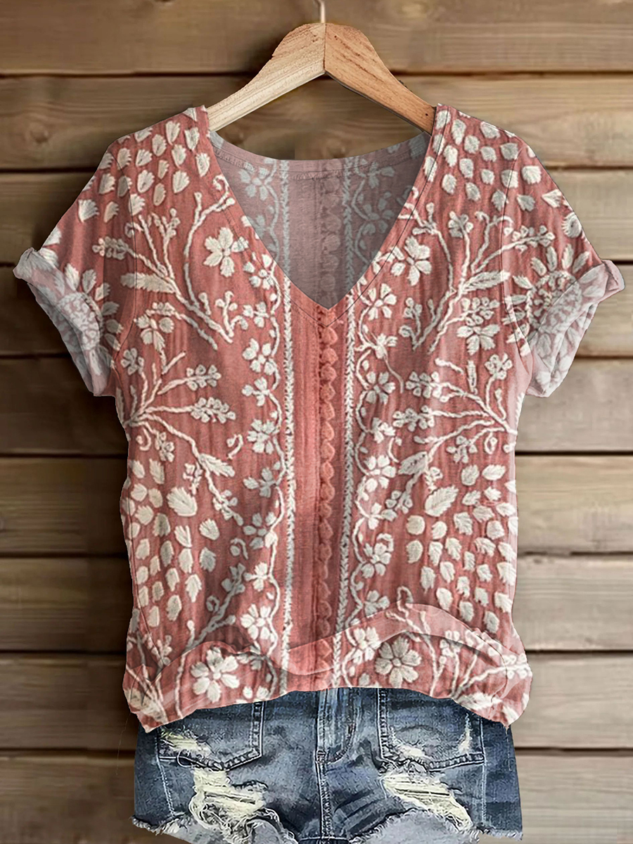 Women's Vintage Ethnic Floral Art Print V-neck Casual T-Shirt