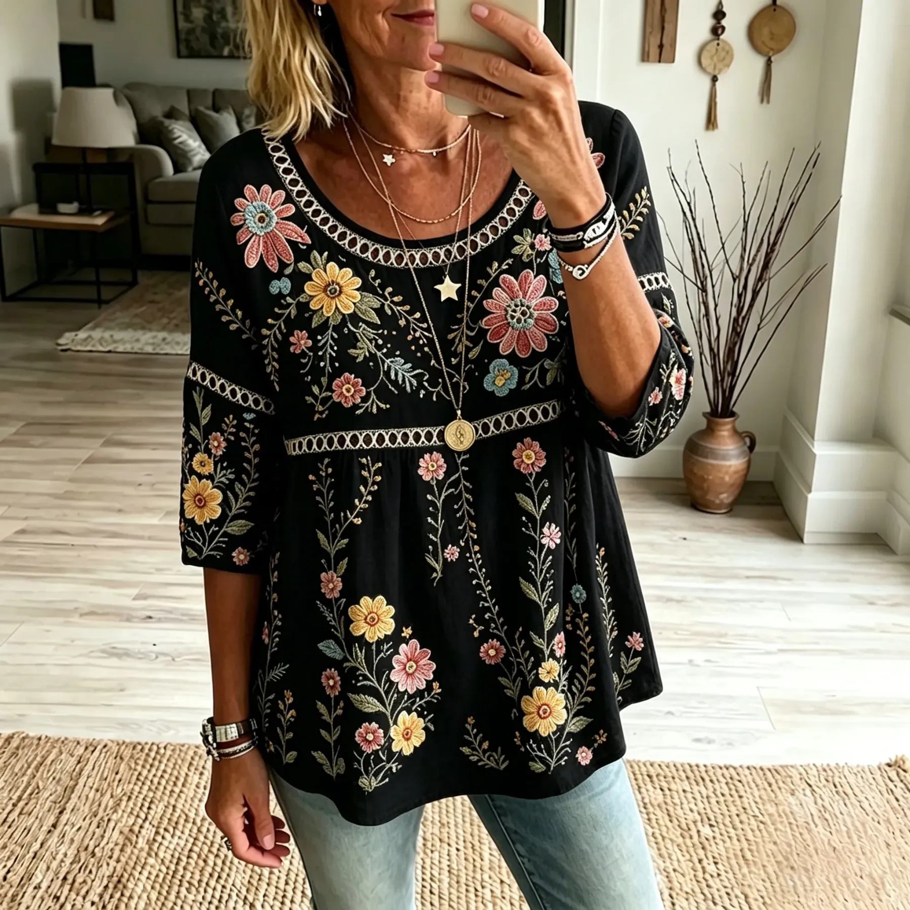 Women's Vintage Floral Art Print Flowy Linen Blend Linen Blend Three-quarter Sleeve Casual Tops