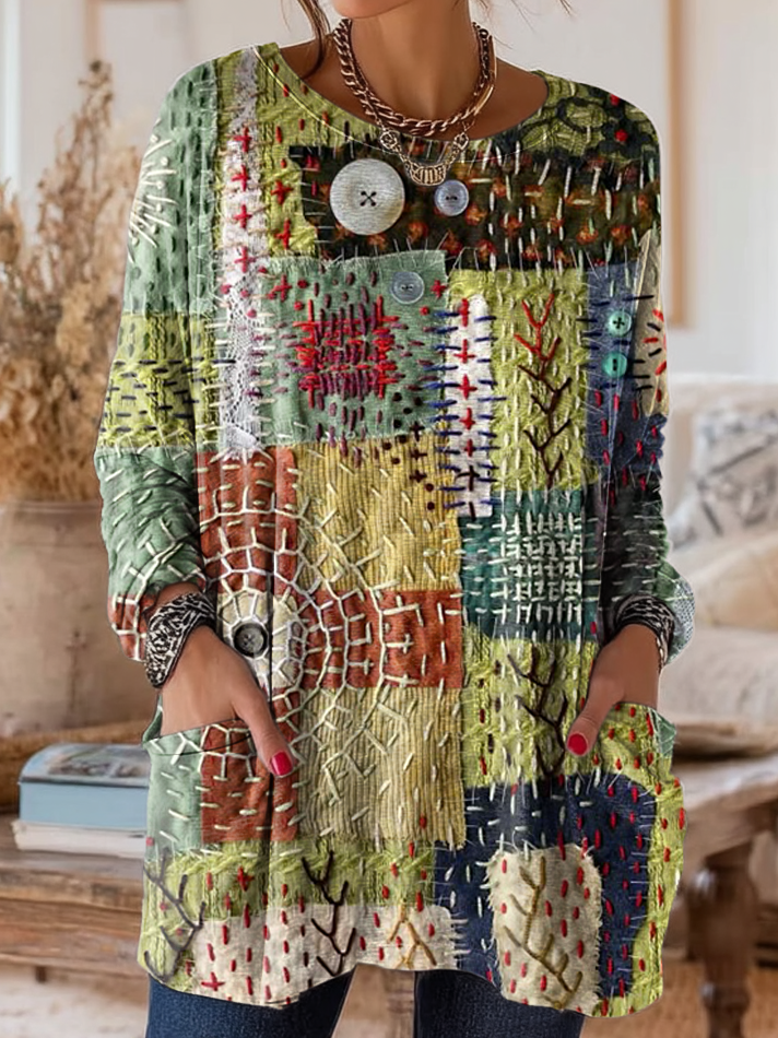 Women's Retro Art Print Casual Long Sleeve Crew Neck Cotton T-Shirt