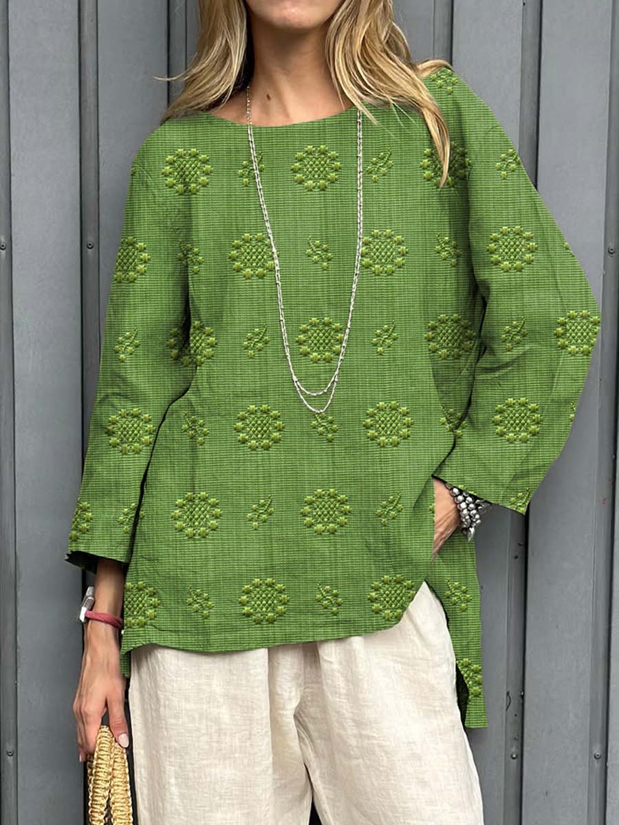 Women's Vintage Floral Pattern Art Print Casual Cotton Linen Shirt