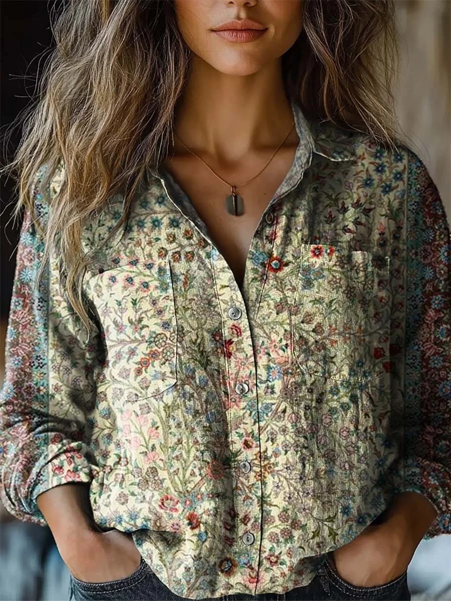 Women's Vintage Gradient Flower Pattern Print Long Sleeve Comfortable Cotton Shirt
