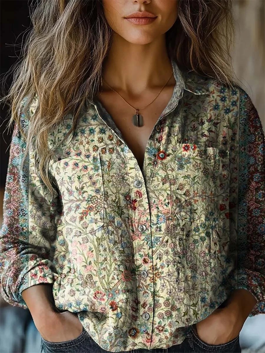 Women's Vintage Gradient Flower Pattern Print Long Sleeve Comfortable Cotton Shirt
