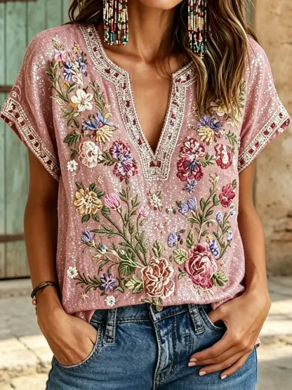 Women's Floral Print Cotton Short Sleeve Blouse