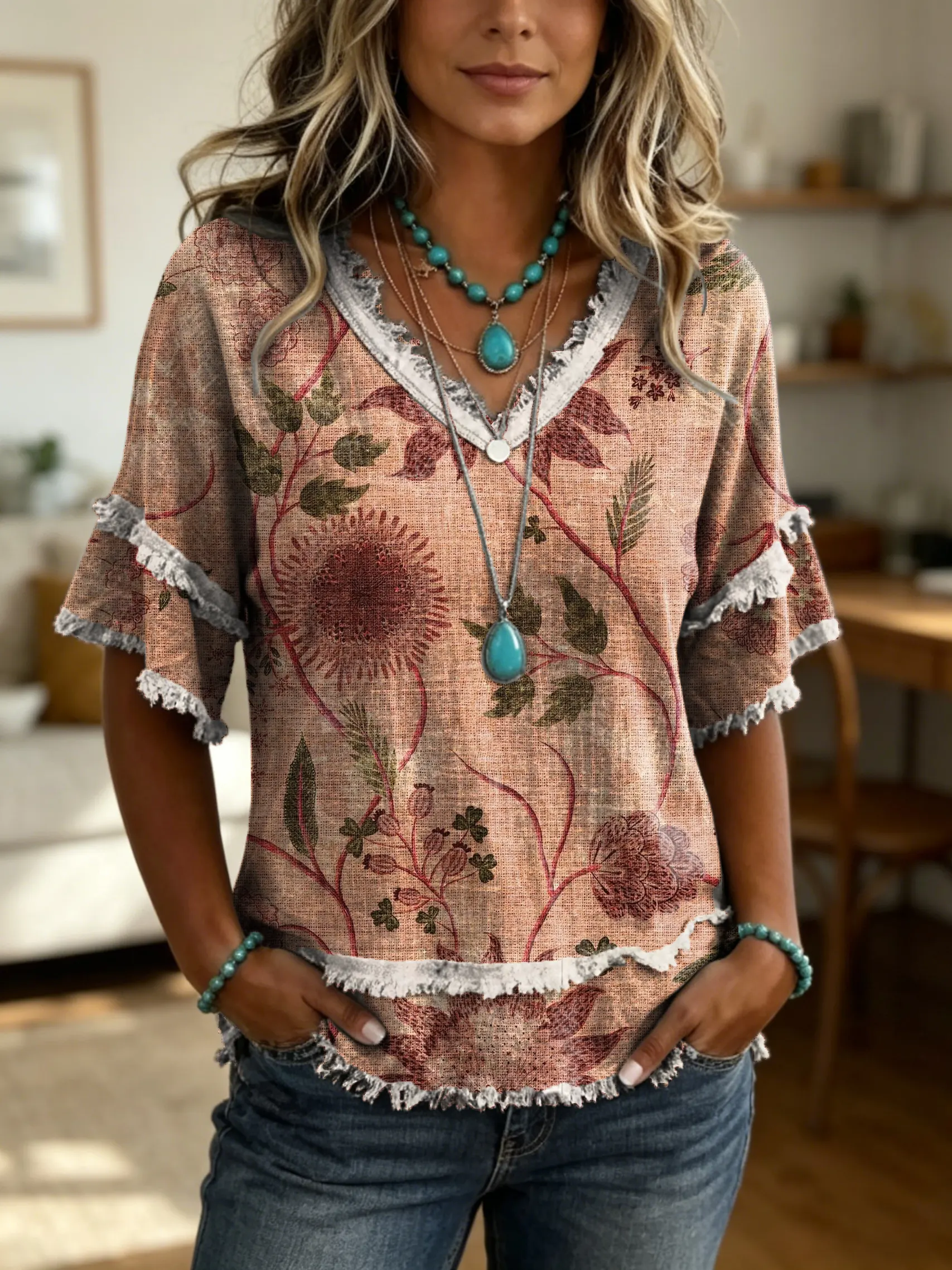 Women's Vintage Ethnic Floral Print V-neck Frayed-edge Short-sleeve Top