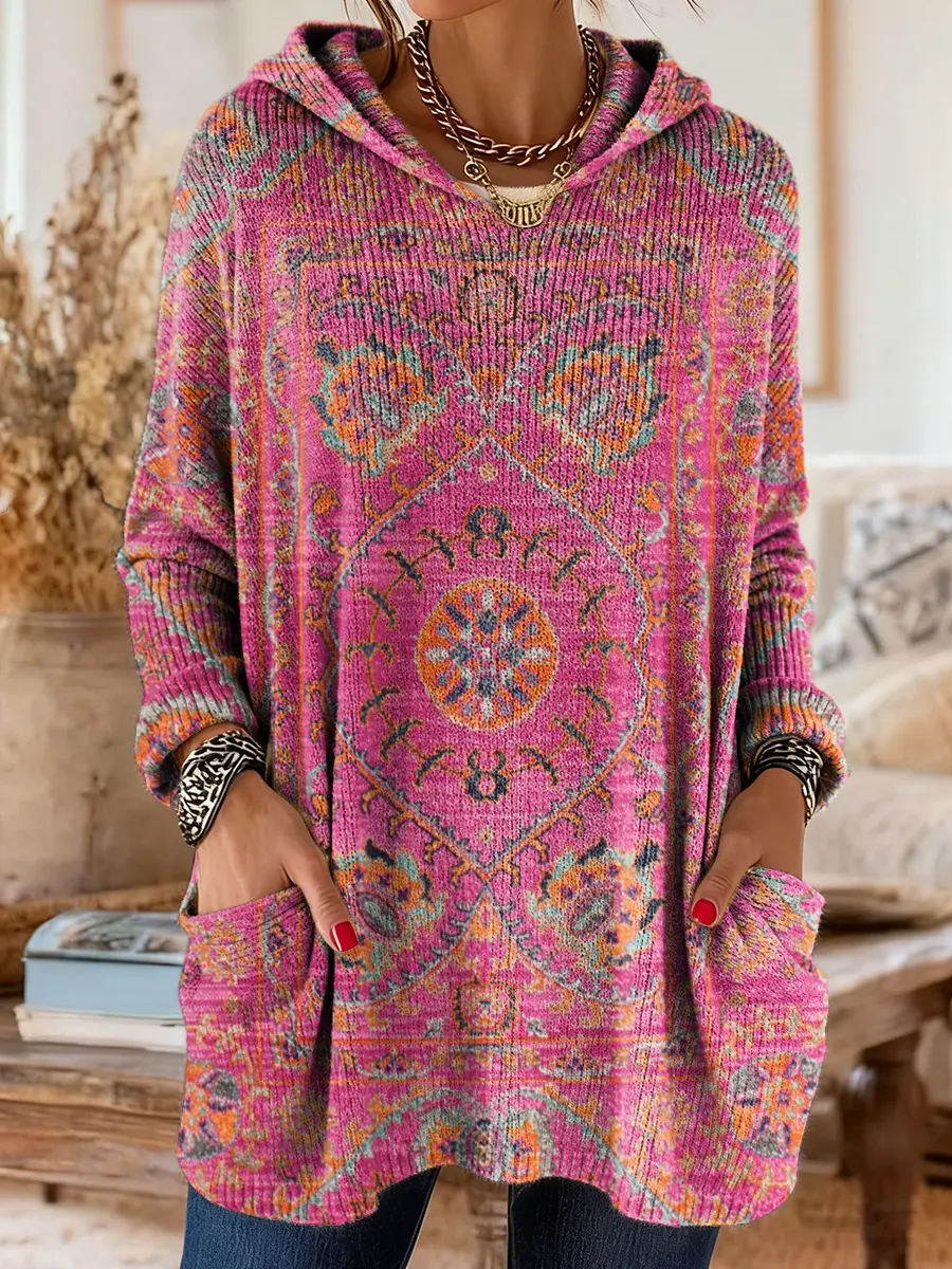 Women's Retro Ethnic Totem Art Print Casual Knitted Pocket Hooded Tunic Top