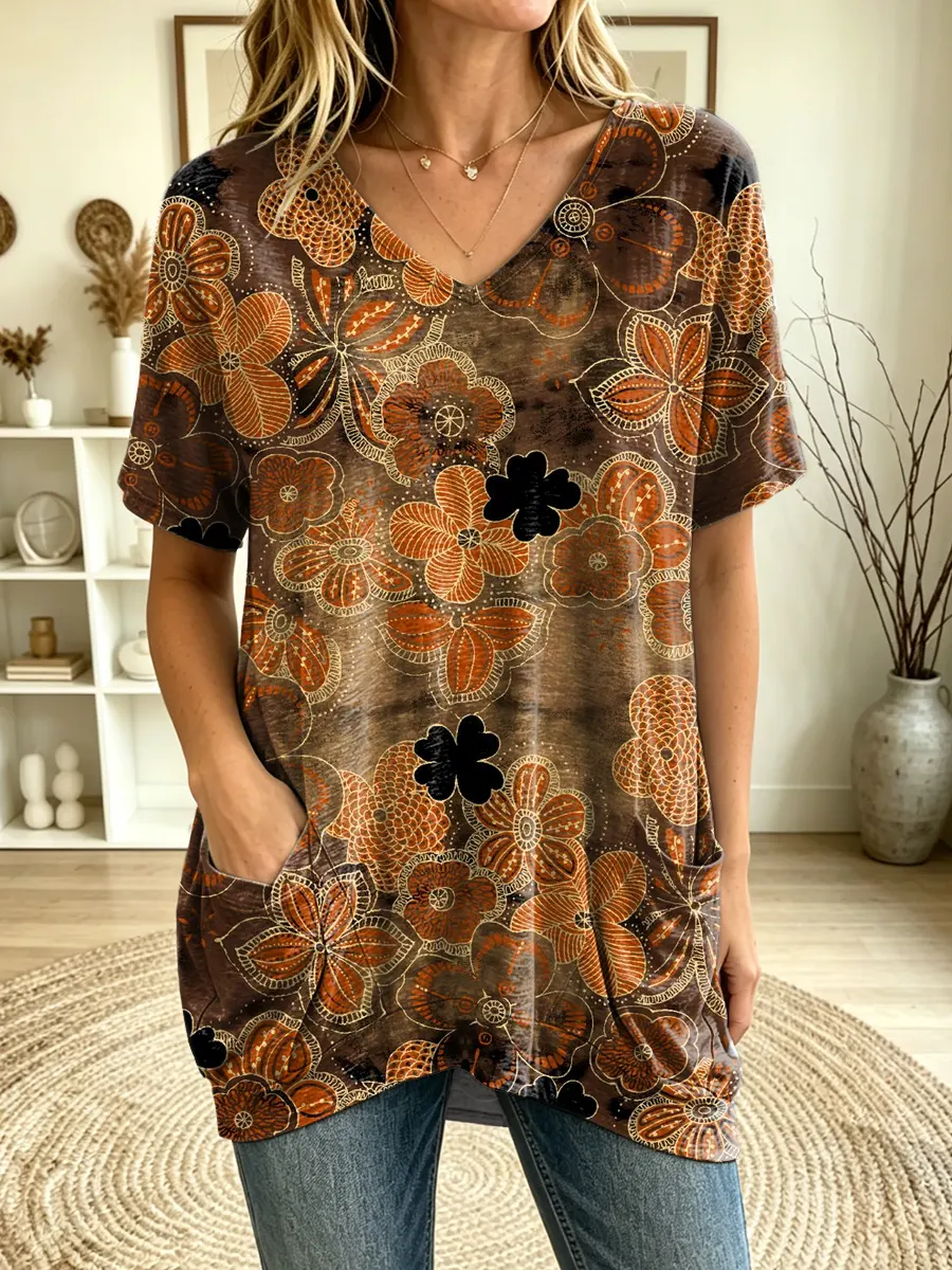 Women's Vintage Ethnic Floral Printed Short Sleeve V-Neck Pocket Tunic Top
