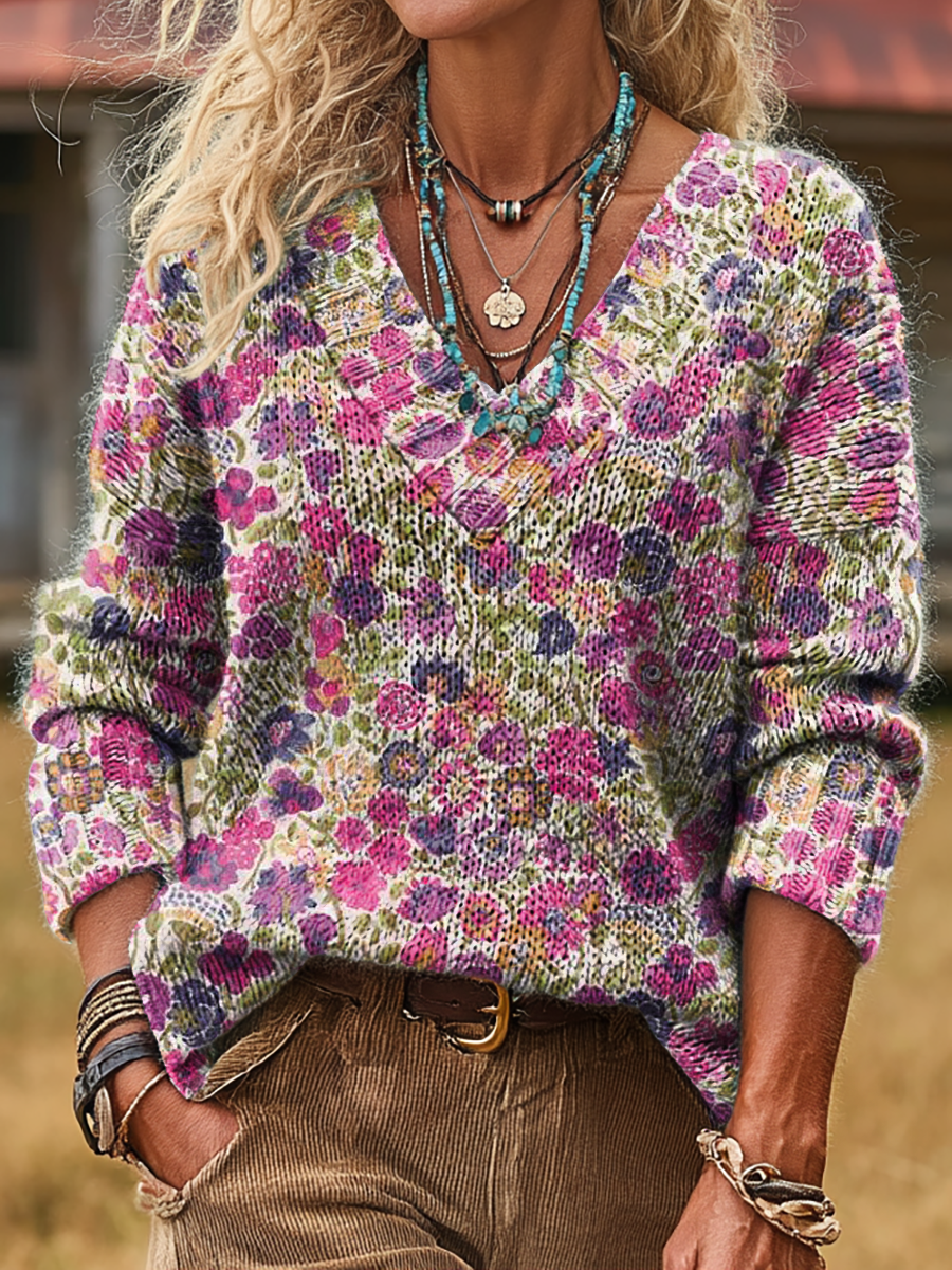 Unisex Vintage Floral Art Print Casual Long-sleeved V-neck Wool Blend Knitted Sweater