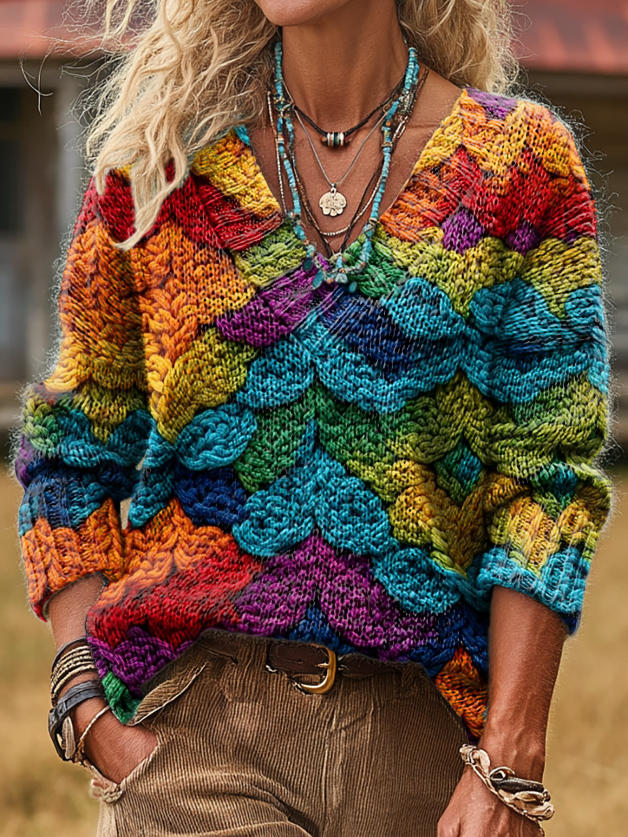 Unisex Colorful Artistic Print Casual Long-sleeved V-neck Wool Blend Knitted Sweater