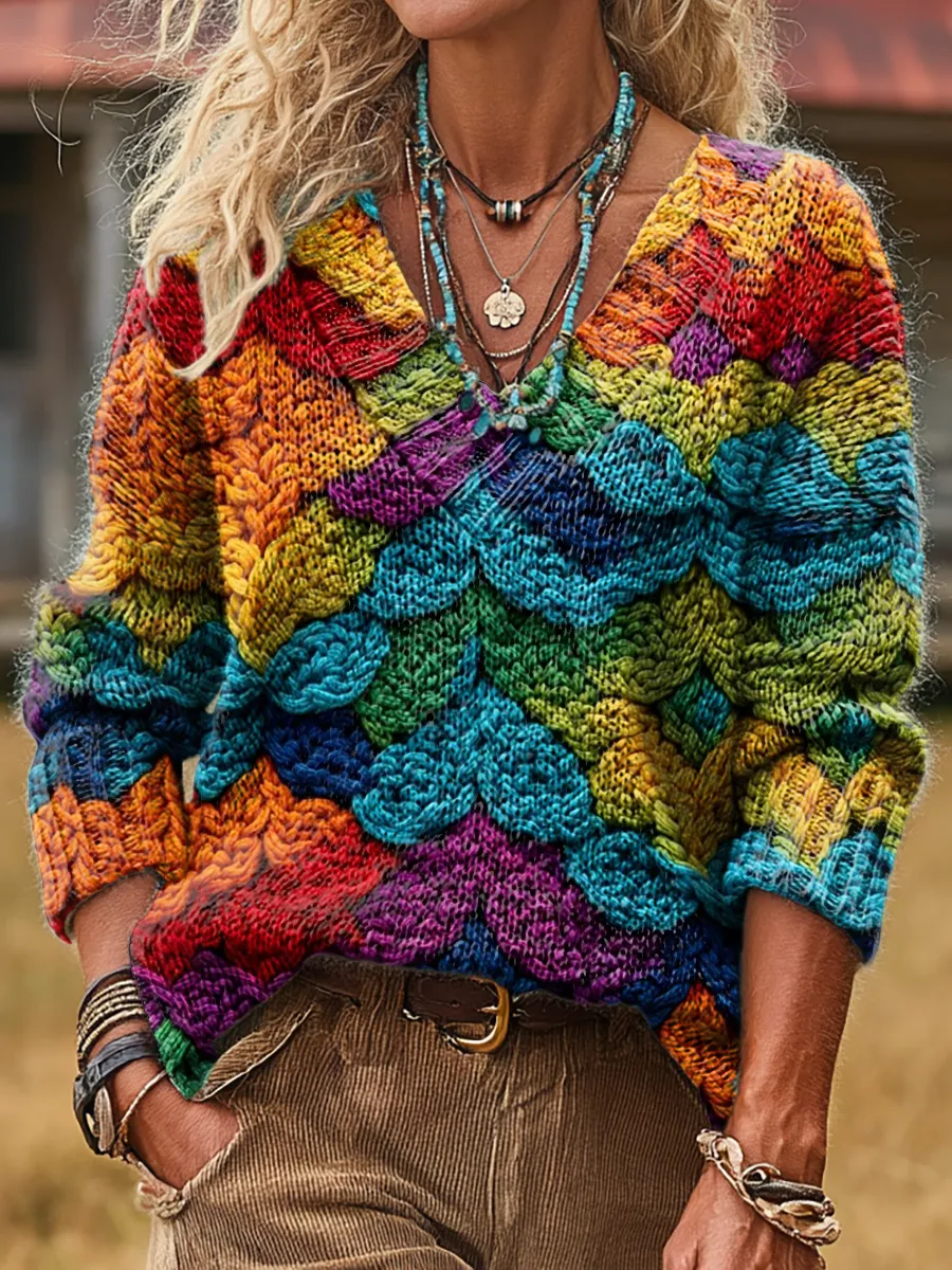 Unisex Colorful Artistic Print Casual Long-sleeved V-neck Wool Blend K