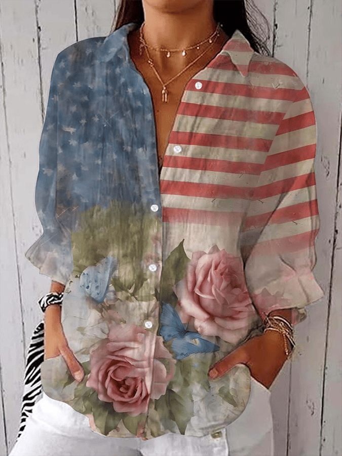 Women's Casual Cotton and Linen Floral Independence Day Shirt