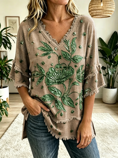 Women's Vintage Folk Floral Art Print V-Neck Tasseled Cotton Top