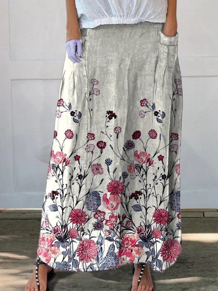 Spring Floral Pattern Printed Women's Linen Pocket Skirt
