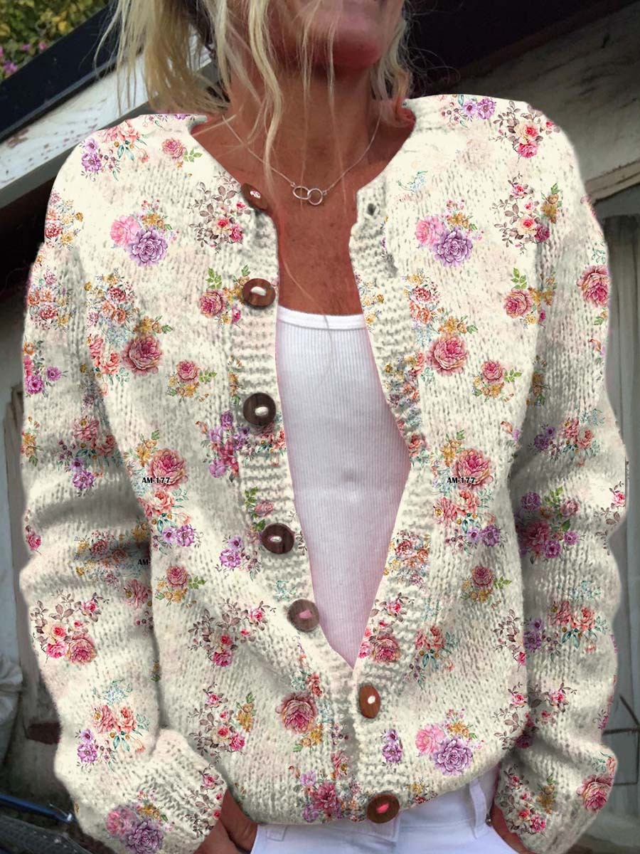 Women's Vintage Art Flower Print Buttoned Cardigan Sweater