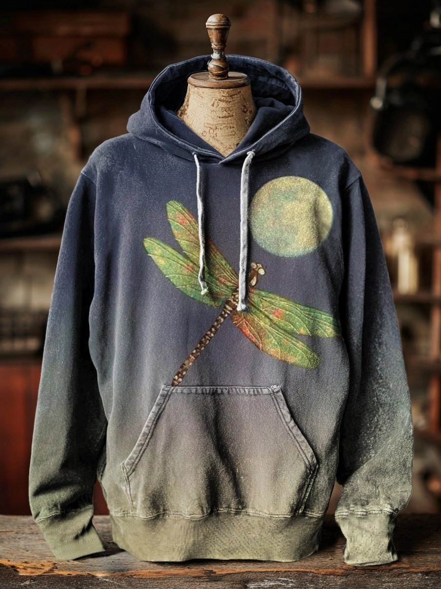 Women's Vintage Dragonfly Moon Art Print Casual Long Sleeve T-shirt