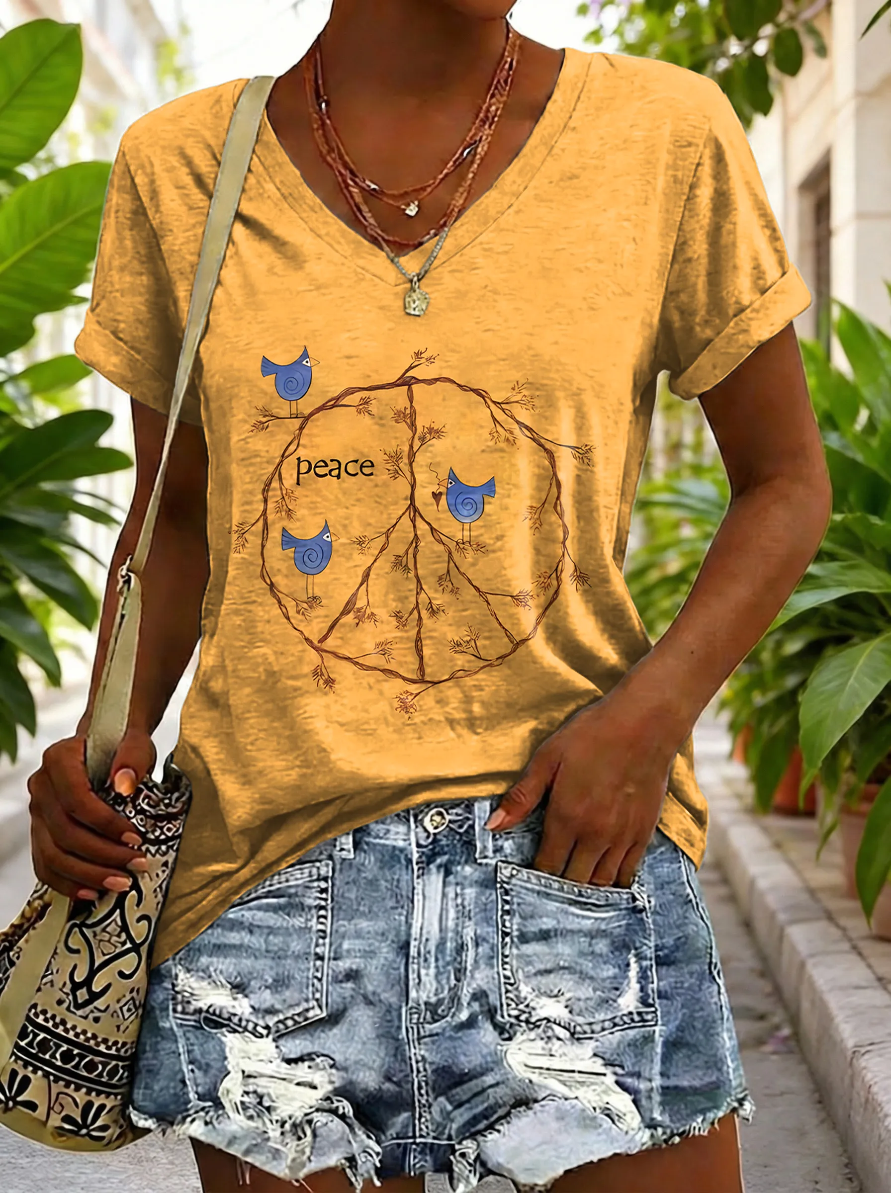 Women's Vintage Yellow Peace Sign Bird Hippie Art Print Casual V-neck Cotton T-shirt