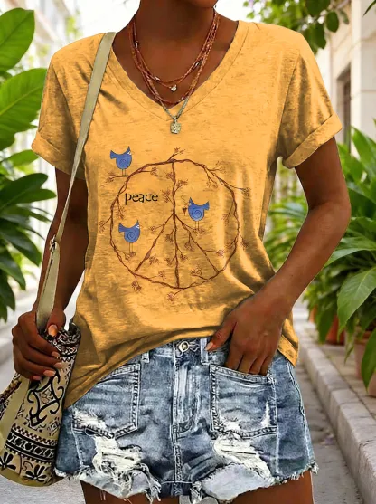 Women's Vintage Yellow Peace Sign Bird Hippie Art Print Casual V-neck Cotton T-shirt