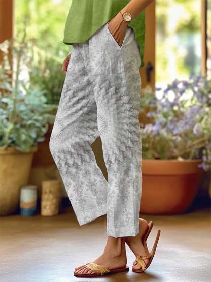 Women's Casual Retro Lotus Art Cotton and Linen Pants(With Pockets)