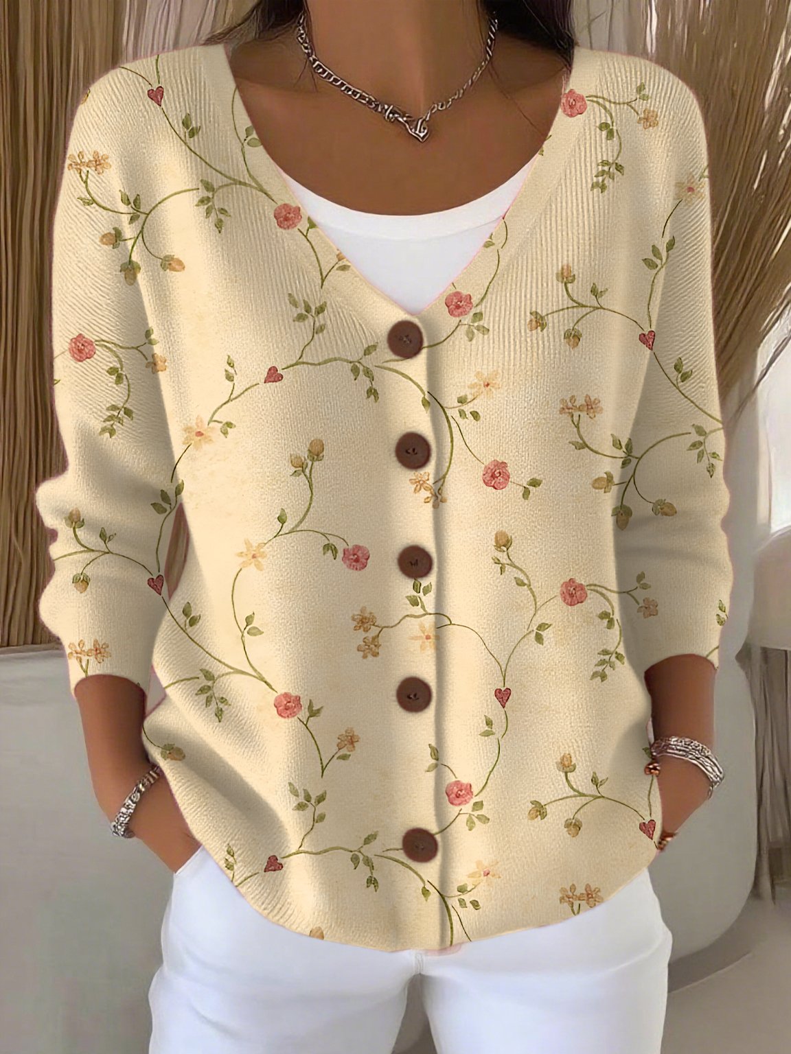 Women's Casual Retro Plant Pattern Ribbed Cardigan