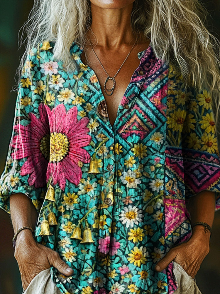 Women's Bohemian Totem Colorful Floral Art Print Casual Cotton Linen Shirt