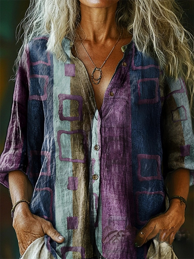 Women's Square Pattern Artistic Print Casual Cotton-Linen Shirt