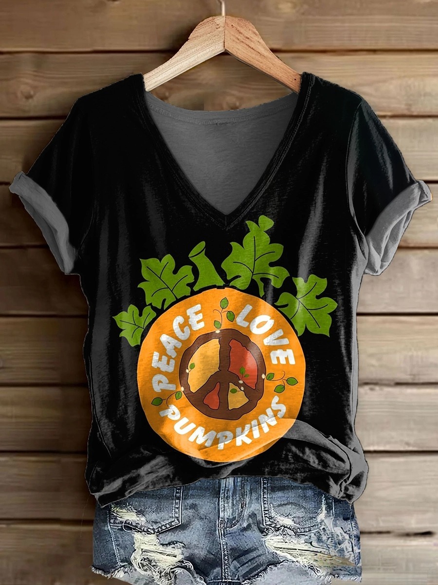 Women's Halloween Pumpkin Art Print V-neck Casual T-Shirt