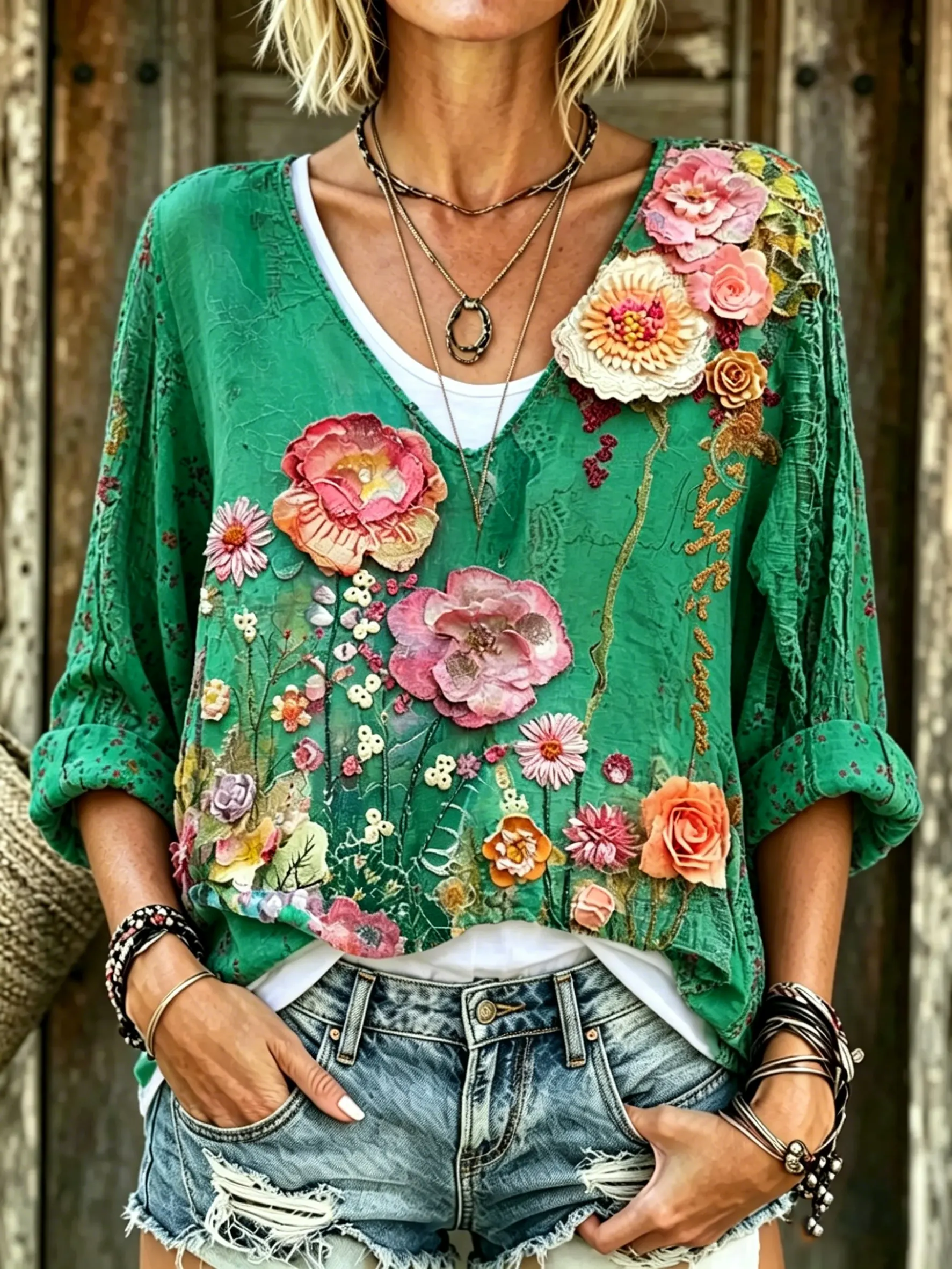Women's  Floral Print V-Neck 3/4 Sleeve Blouse