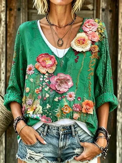 Women's  Floral Print V-Neck 3/4 Sleeve Blouse
