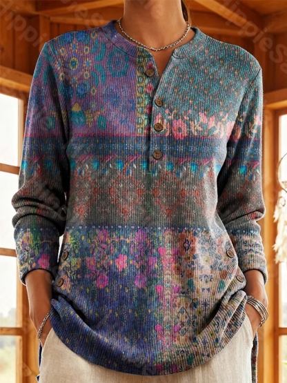 Women's Vintage Bohemian Floral Patchwork Art Print Casual Cotton Shirt