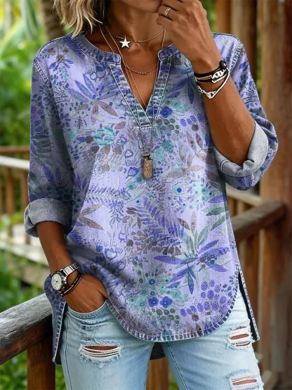 Women's Retro Floral Art Print Casual Long-sleeve V-neck Washed Cotton Denim Top