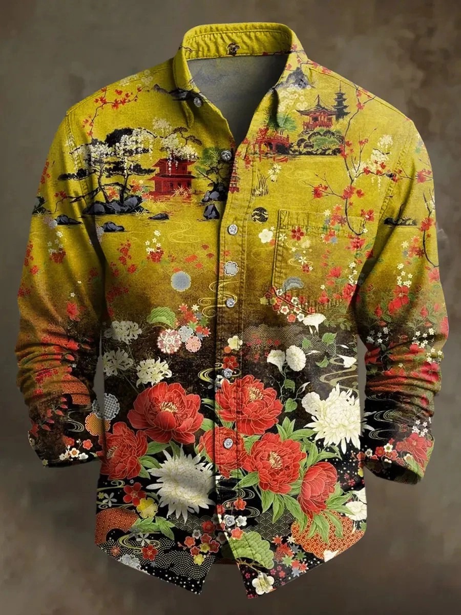 Retro Leisure Flowers Art Print Cotton Long Sleeve Shirt