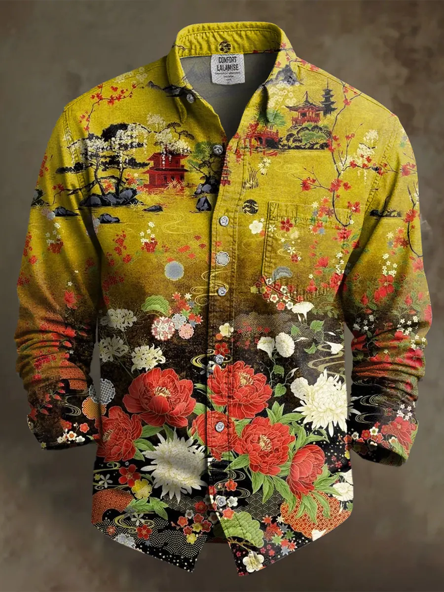 Retro Leisure Flowers Art Print 100% Cotton Long Sleeve Shirt