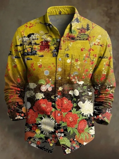 Retro Leisure Flowers Art Print Cotton Long Sleeve Shirt