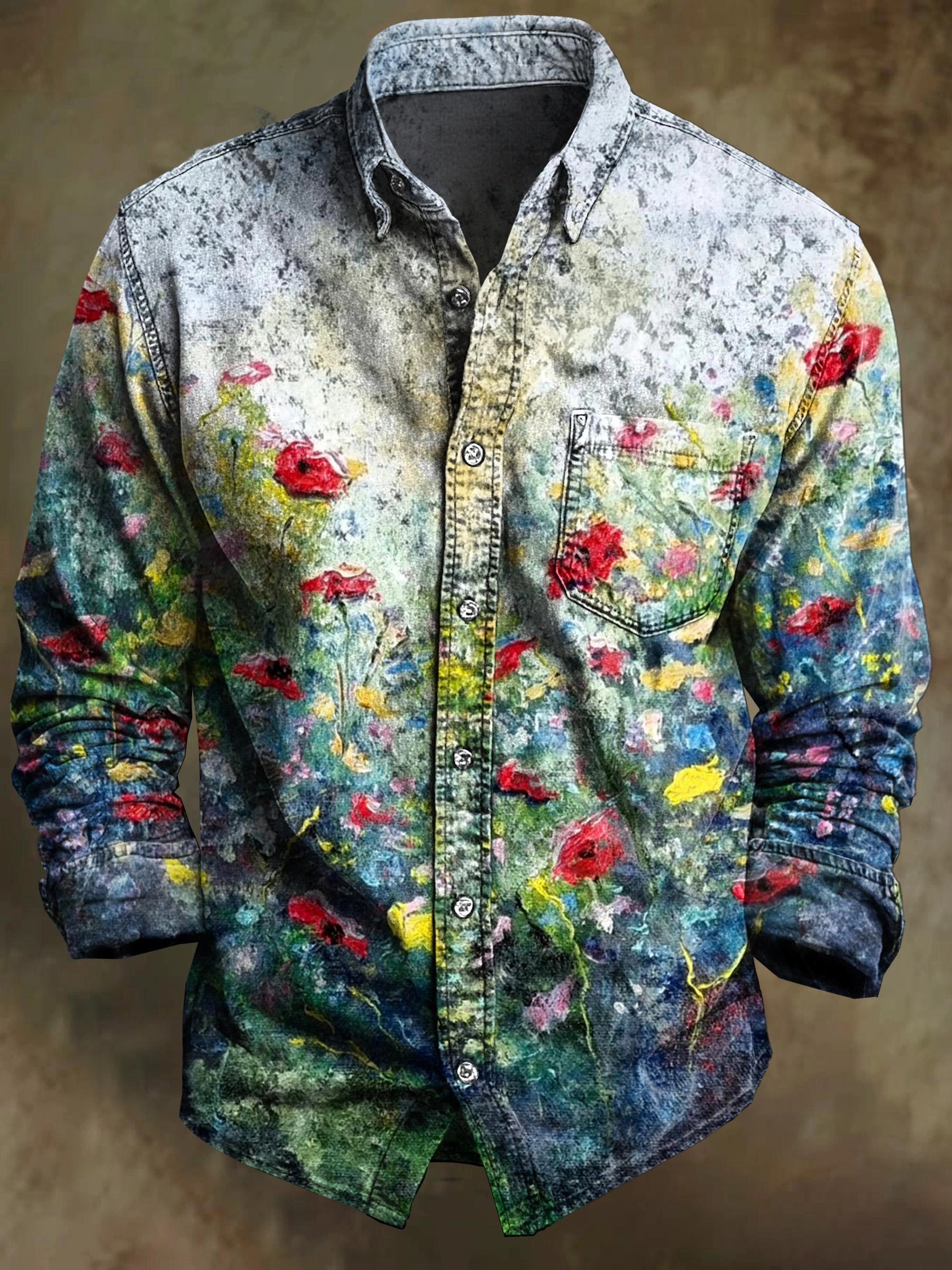 Vintage Colorful Floral Art Print 100% Cotton Long Sleeve Shirt