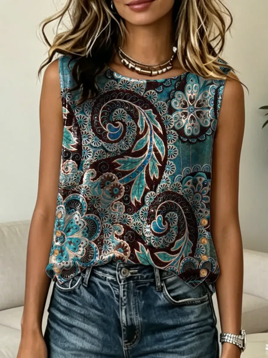 Women's Vintage Floral Print Casual Button-Down Tank Top