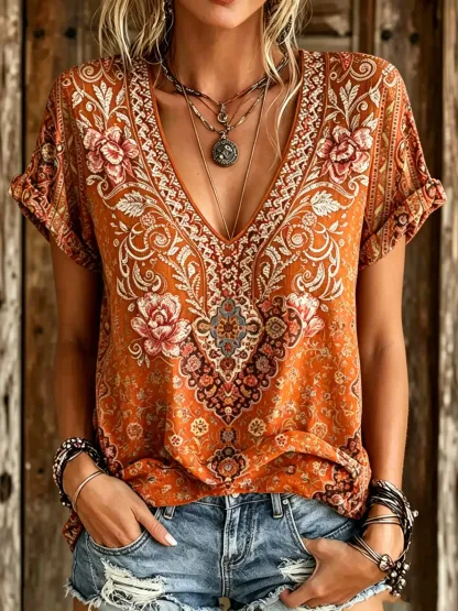Women's Boho Paisley & Rose Print V-Neck Blouse