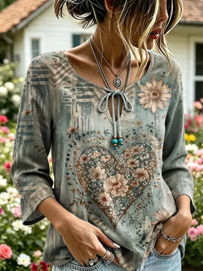 Women's Vintage Heart Floral Print Tie-Neck 3/4 Sleeve Top