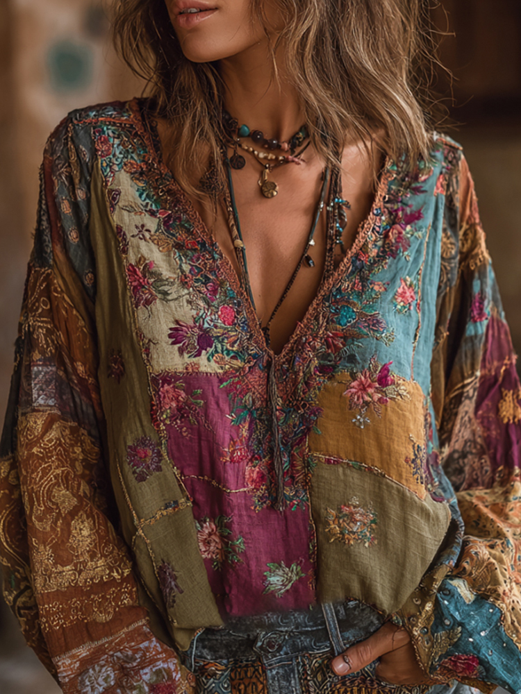 Bohemian Style Embroidered Flower Vacation Long-sleeved V-neck Worn-out Long-sleeved Top