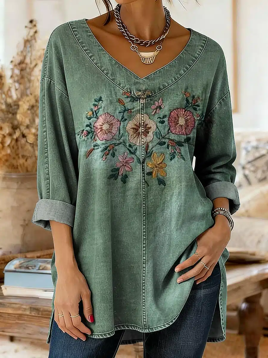 Women's Vintage Bohemian Floral Art Print Washed Denim Cotton Top