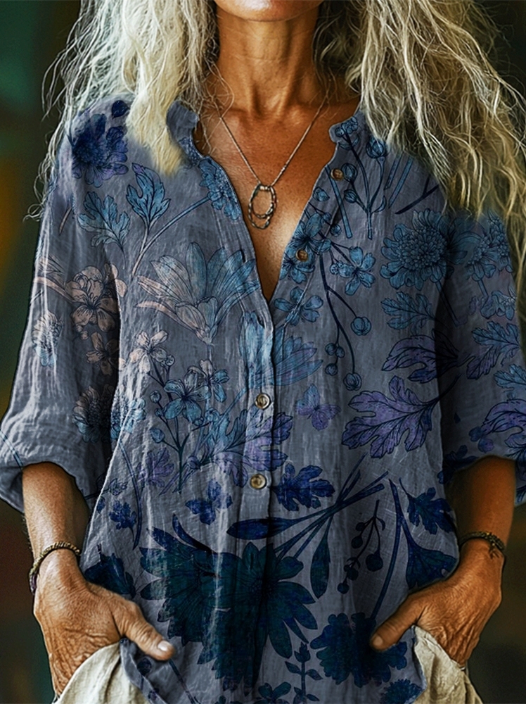 Women's Vintage Ethnic Floral Art Pattern Print Casual Cotton Linen Sh