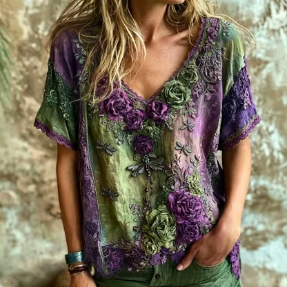 Women's Vintage Bohemian Rose And Dragonfly Embroidered Print Top