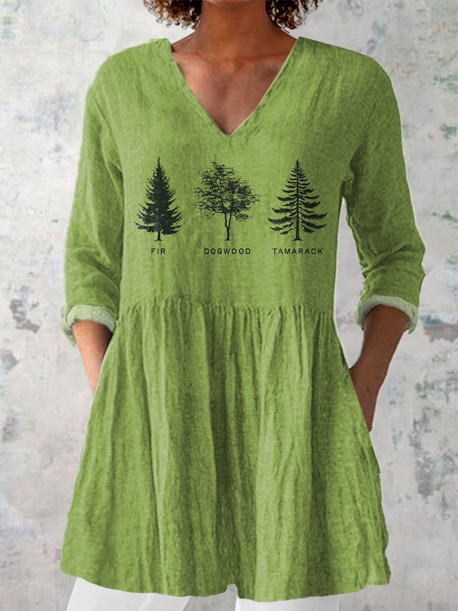 Women's Casual Tree Fdt Printed Cotton And Linen Top