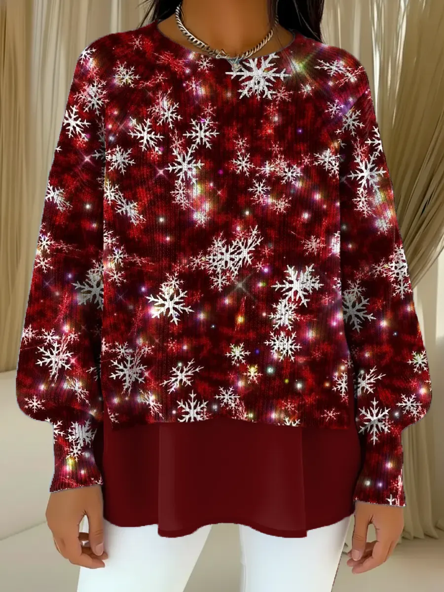 Women's Christmas Snowflake Pattern Art Print Casual Knitted Sweater