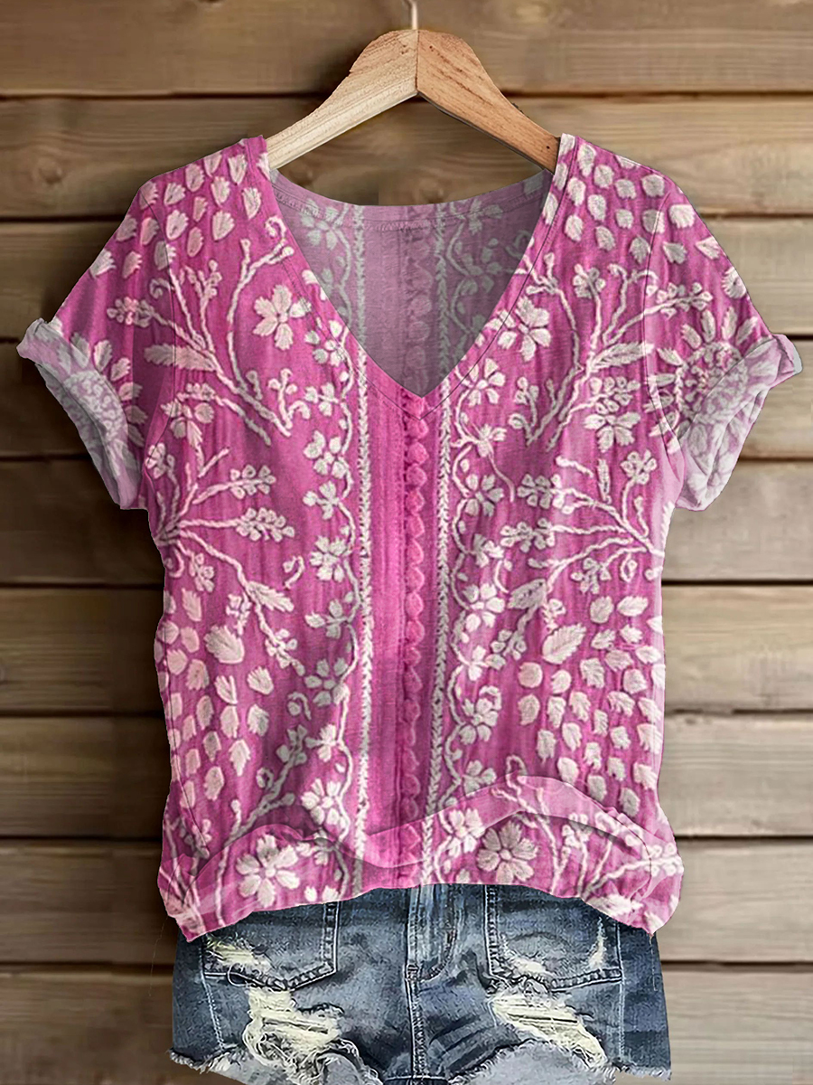Women's Vintage Ethnic Floral Art Print V-neck Casual T-Shirt