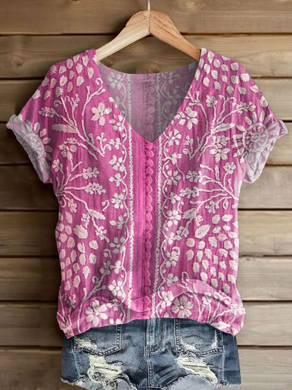 Women's Vintage Ethnic Floral Art Print V-neck Casual T-Shirt